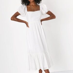 NWOT White Eyelet Embroidered Puff Sleeve Ruffled Midi Dress